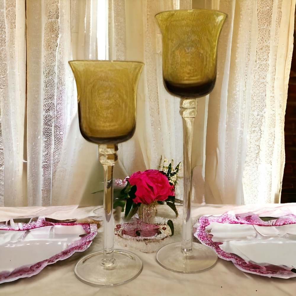 Vtg Smoked Black Long Stem Crystal Wine Glasses Wedding His Hers